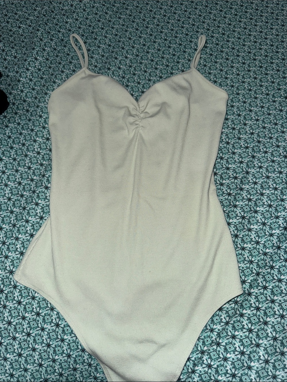 American Eagle Outfitters Cream Ribbed Spaghetti-Strap Bandeau Bodysuit